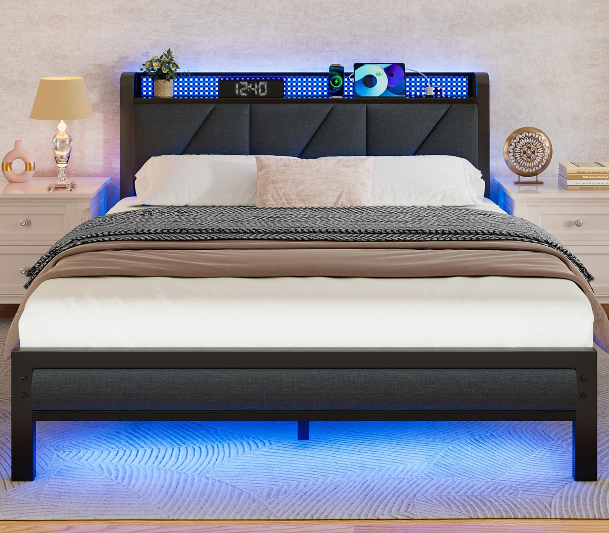 Full Size Bed Frame with Storage Shelf and Upholstered Headboard V111