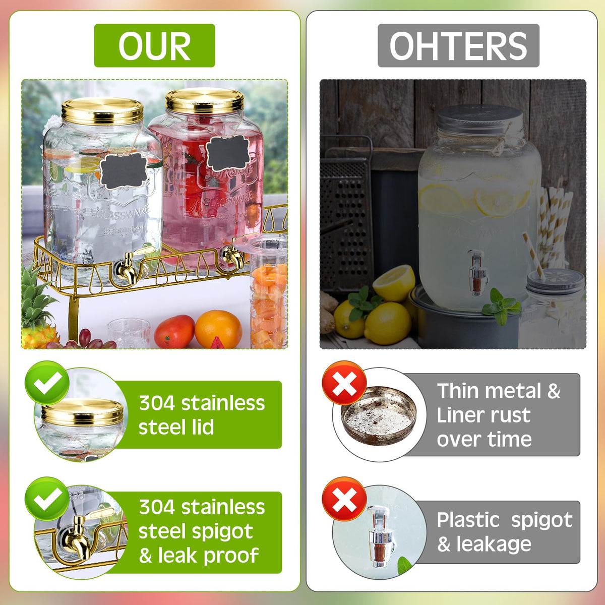 3 Pcs 2.5 Gallon Glass Beverage Dispensers with Stand Y2293