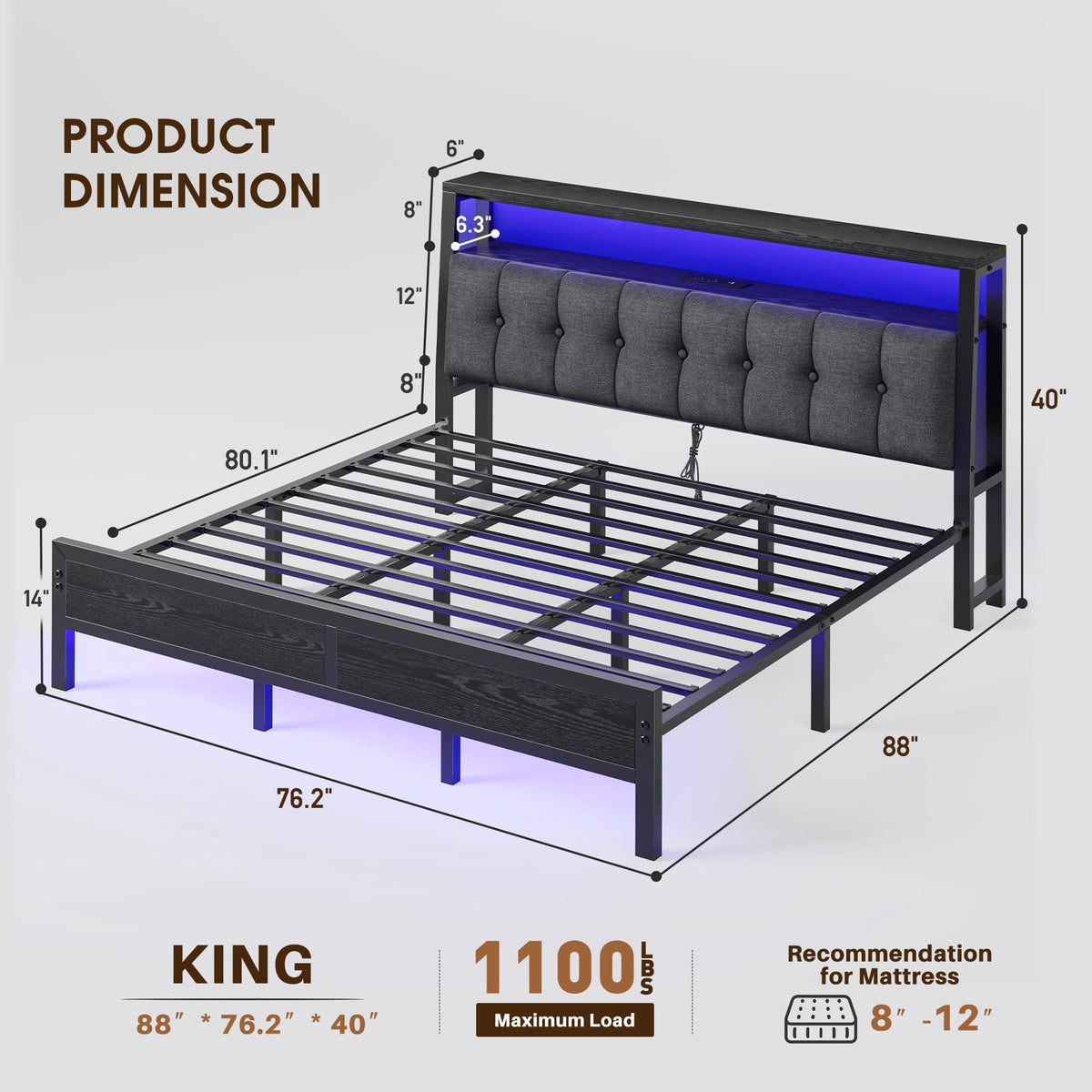 King Bed Frame with Charging Station Black E4727