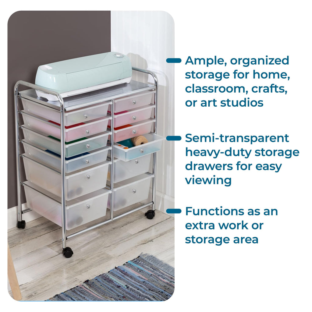 Rolling Craft Storage Cart, Clear, 12-Drawer T96572
