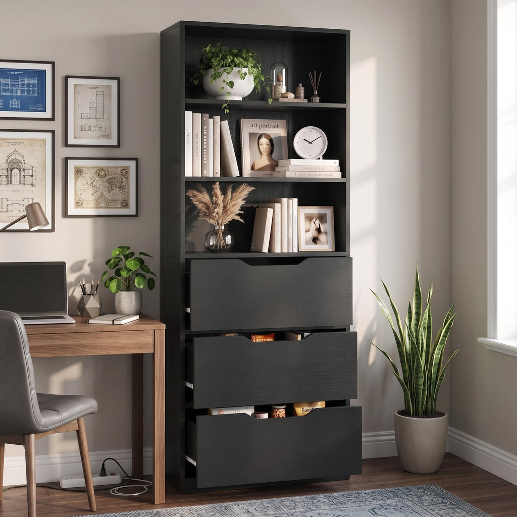 71” Tall Wood Bookshelf with 3 Drawers X828765