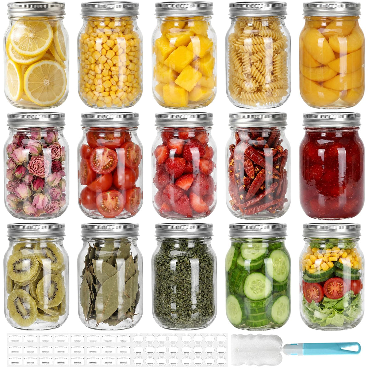 16 oz Clear Glass Mason Jars with Lids, 15 Pack F832