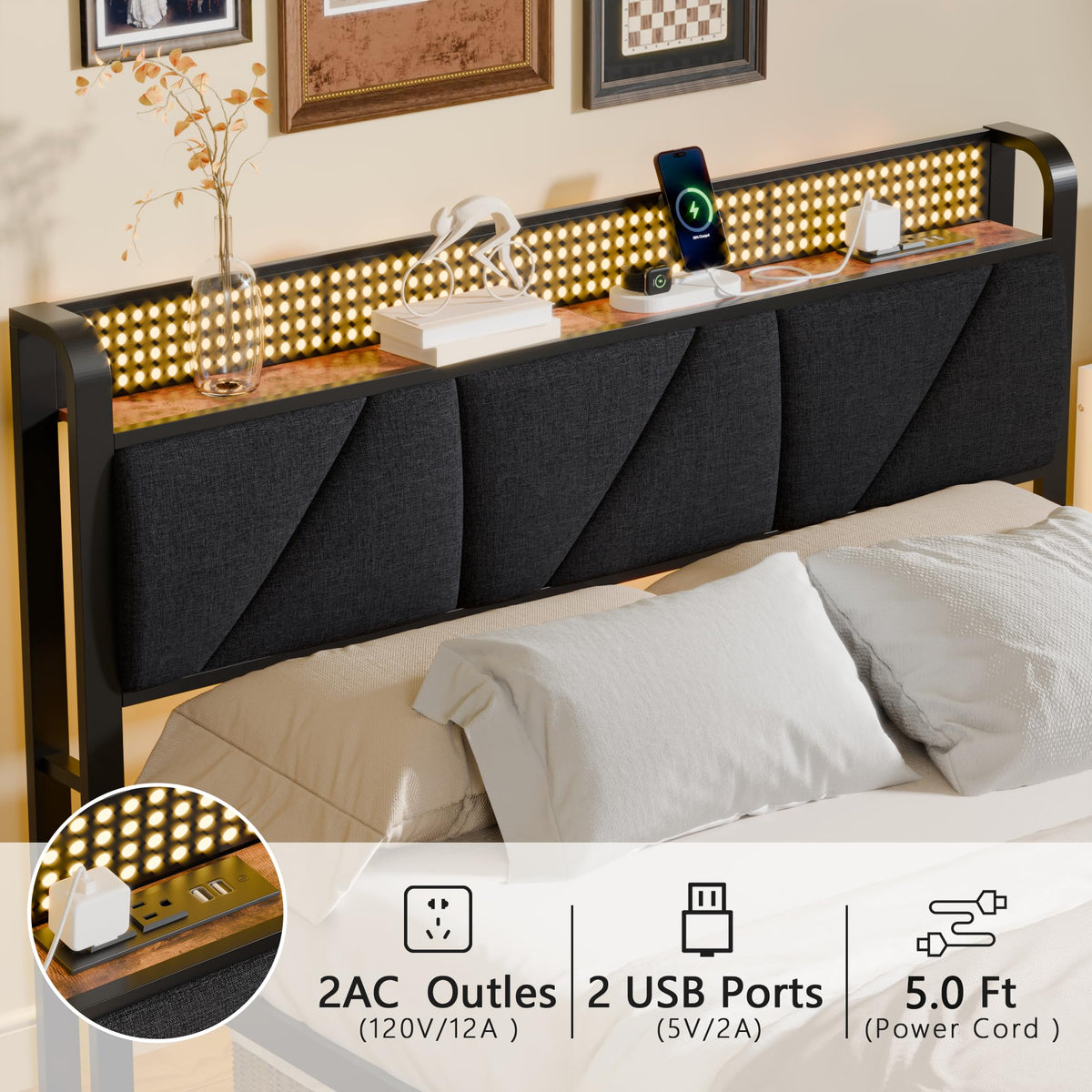 Full Size Bed Frame with Storage Shelf and Upholstered Headboard V111