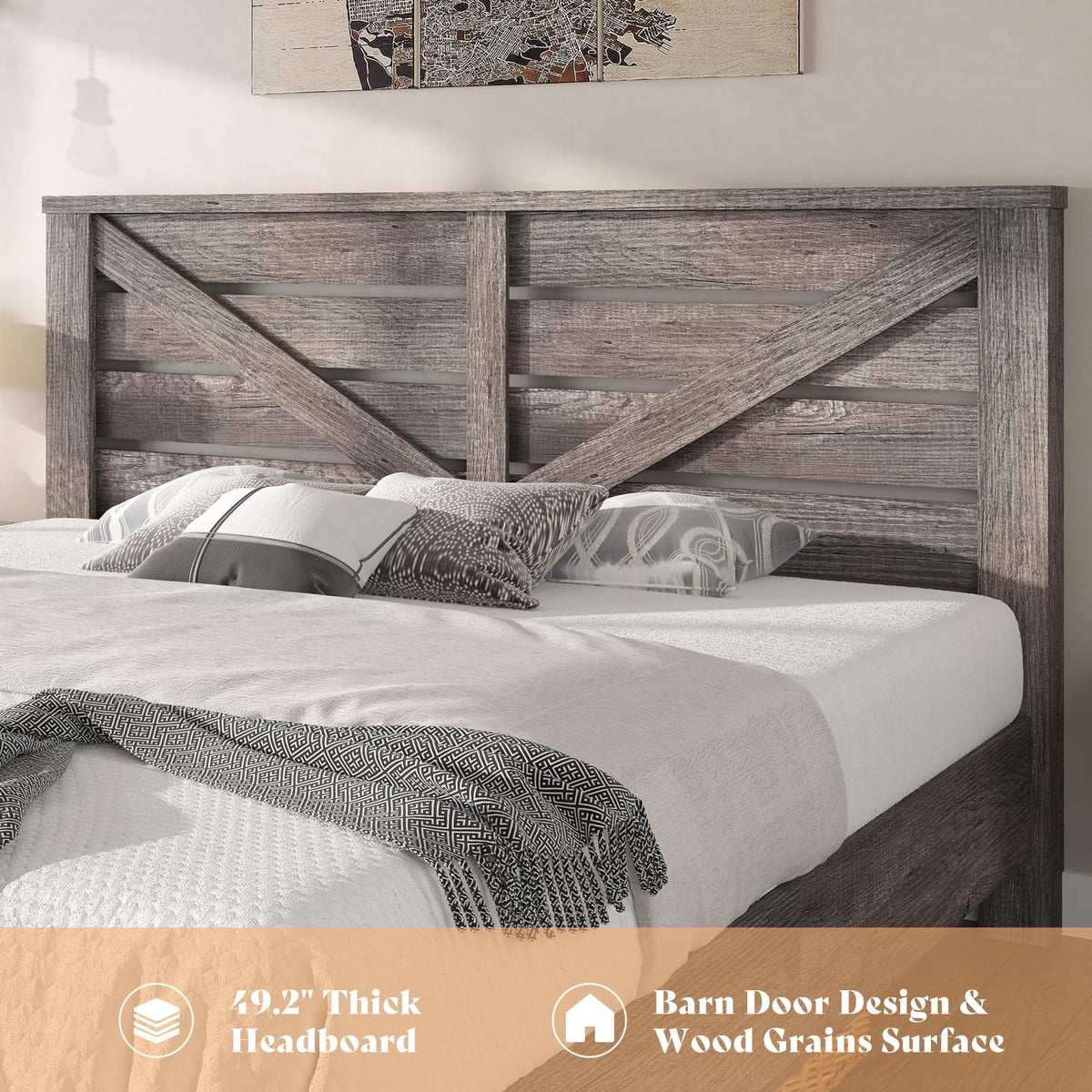 Gray Full Size Bed Frame with Barn Door Headboard U228