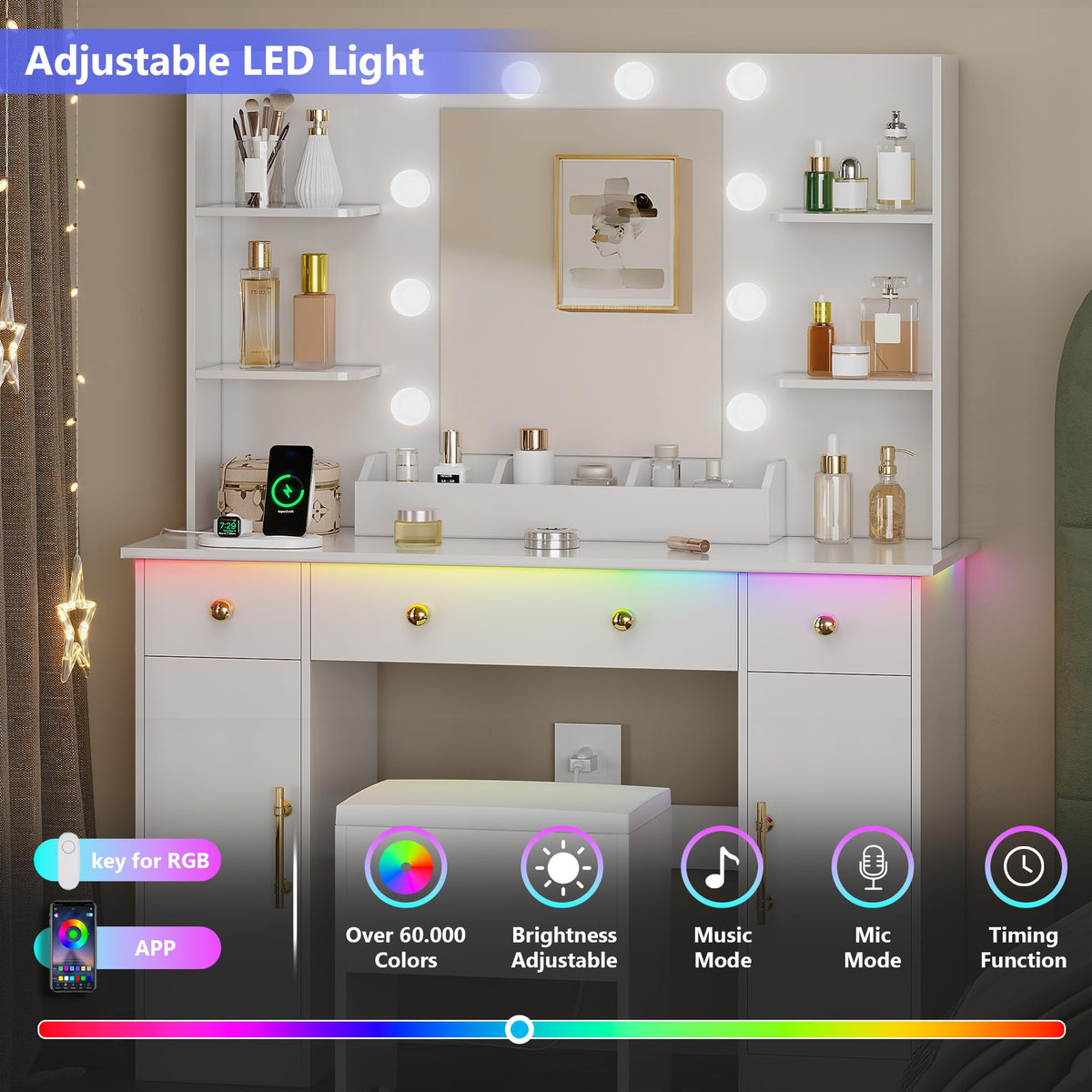 White Vanity Desk with Mirror and Lights, Charging Station, Stool, 3 Drawers and Cabinets J243