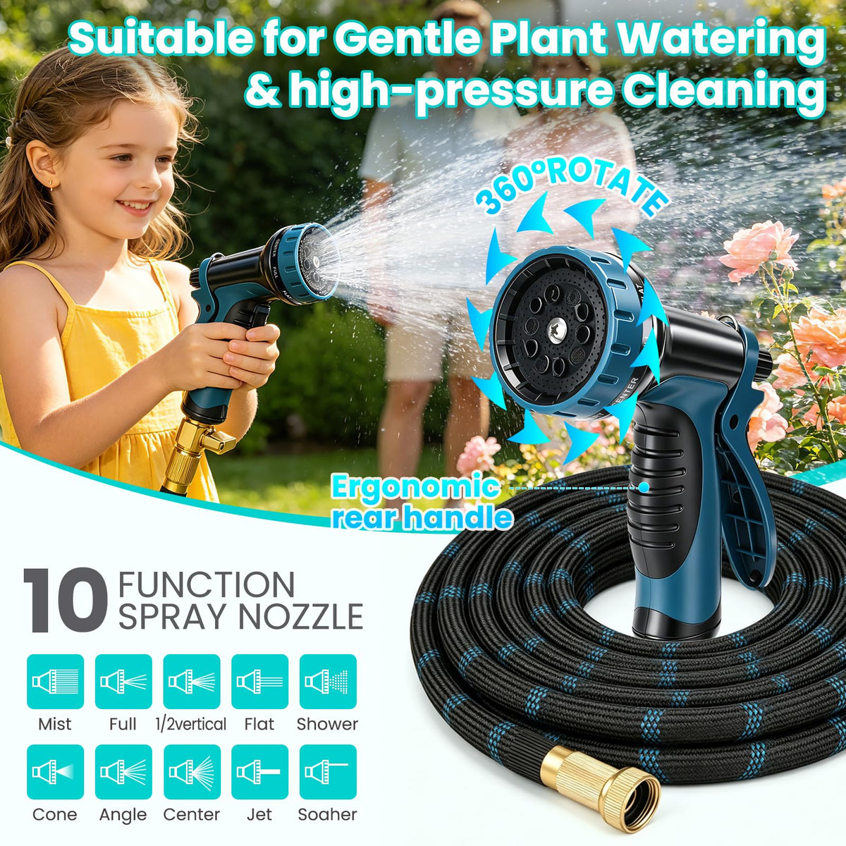 100ft Lightweight Flexible Garden Hose with 10-Function Sprayer A991121