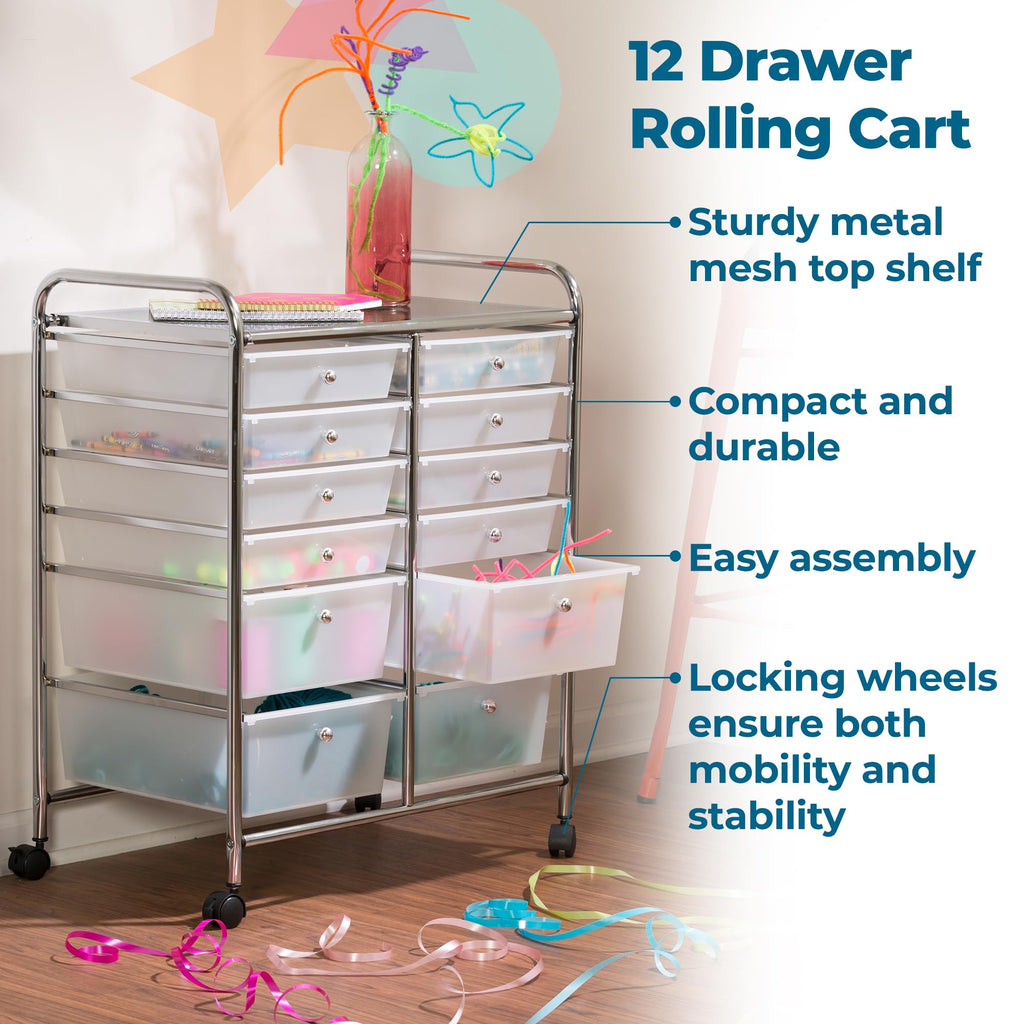 Rolling Craft Storage Cart, Clear, 12-Drawer T96572
