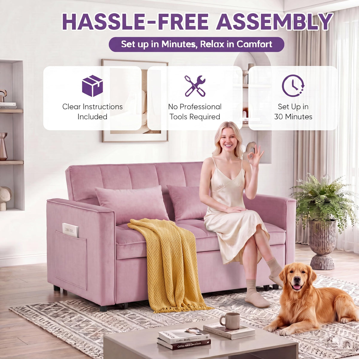 Pink Velvet Convertible Sleeper Sofa Bed Z4761