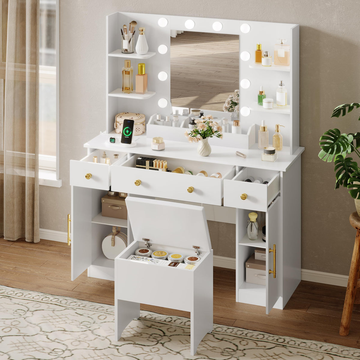 White Vanity Desk with Mirror and Lights, Charging Station, Stool, 3 Drawers and Cabinets J243
