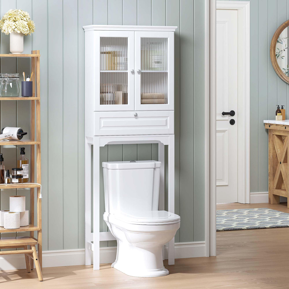 Over the Toilet Storage Cabinet with Glass Doors, White I1476