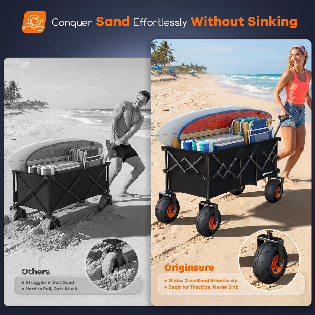 Foldable Beach Wagon with Big Balloon Wheels, 560lbs, Black G582