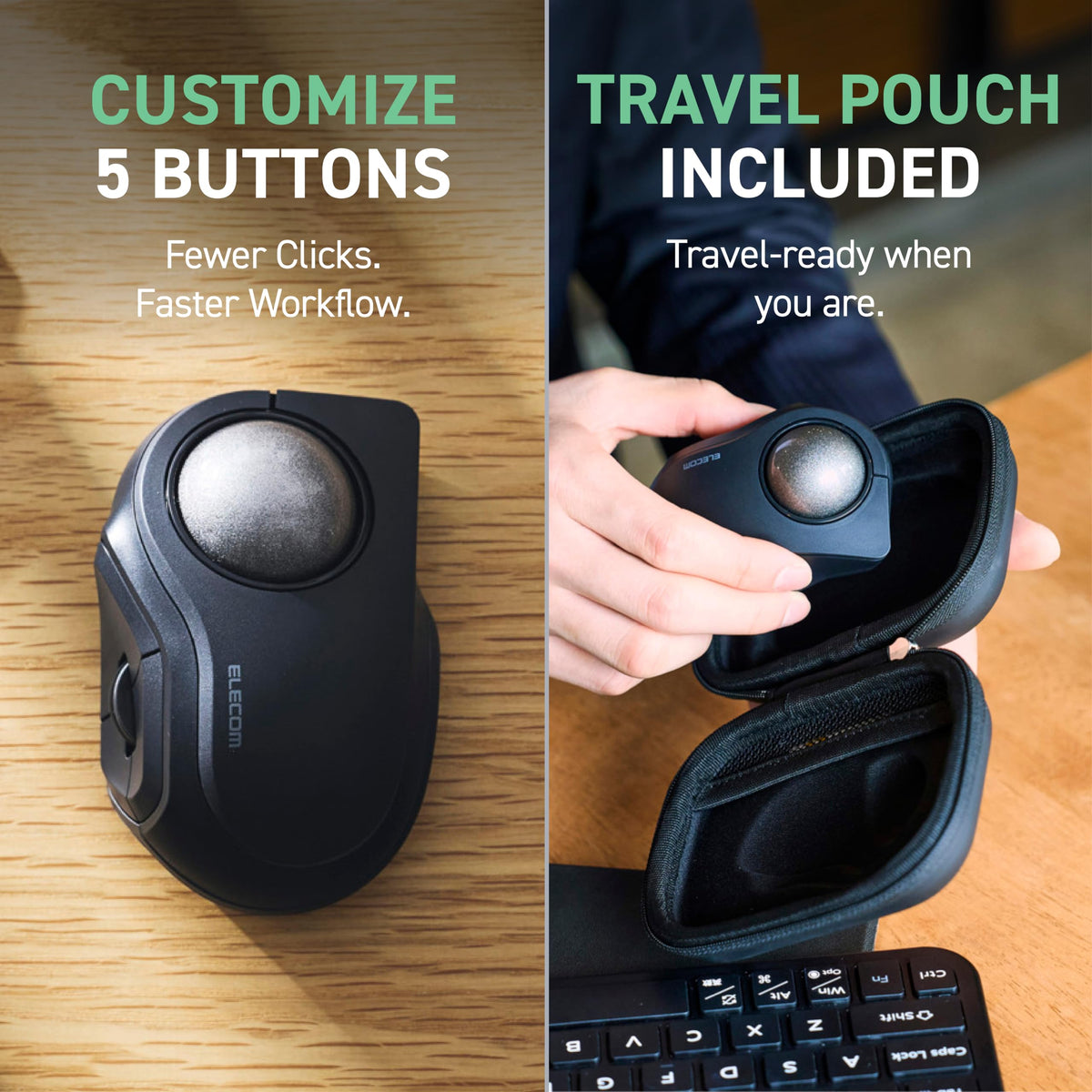 Wireless Trackball Mouse, Bluetooth and USB 2.4GHz, Silent Click, Compact F1066