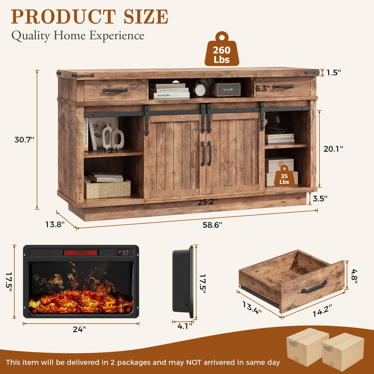 58" Electric Fireplace TV Stand with 2 Storage Drawers E75286