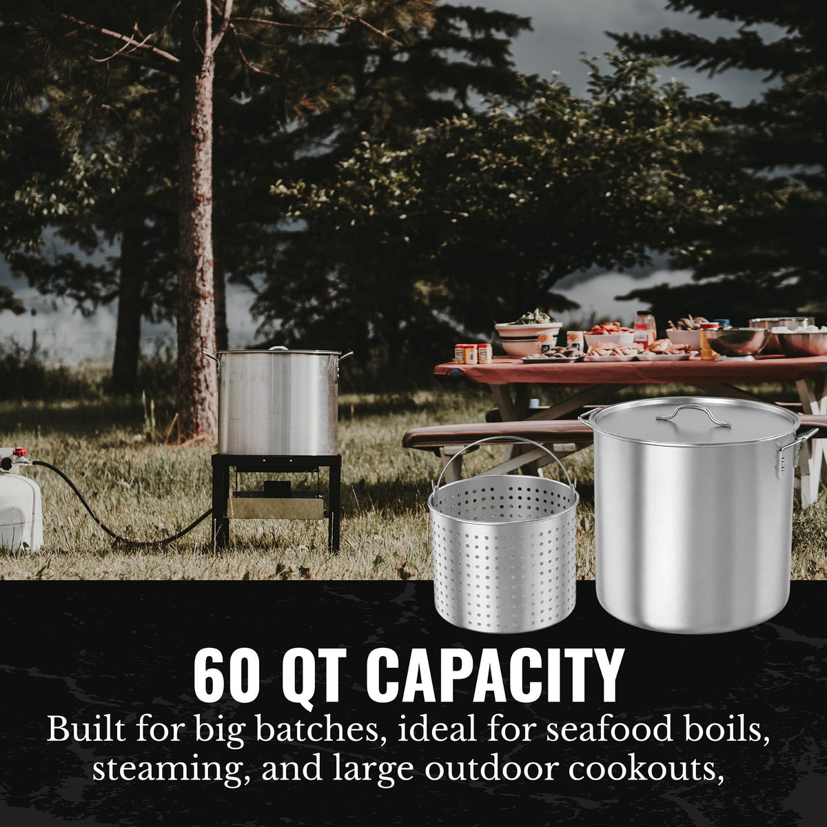 60Qt Aluminum Stock Pot with Strainer and Lid V32746
