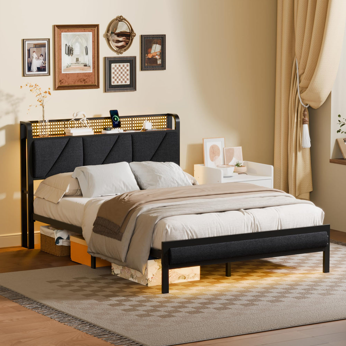 Full Size Bed Frame with Storage Shelf and Upholstered Headboard V111