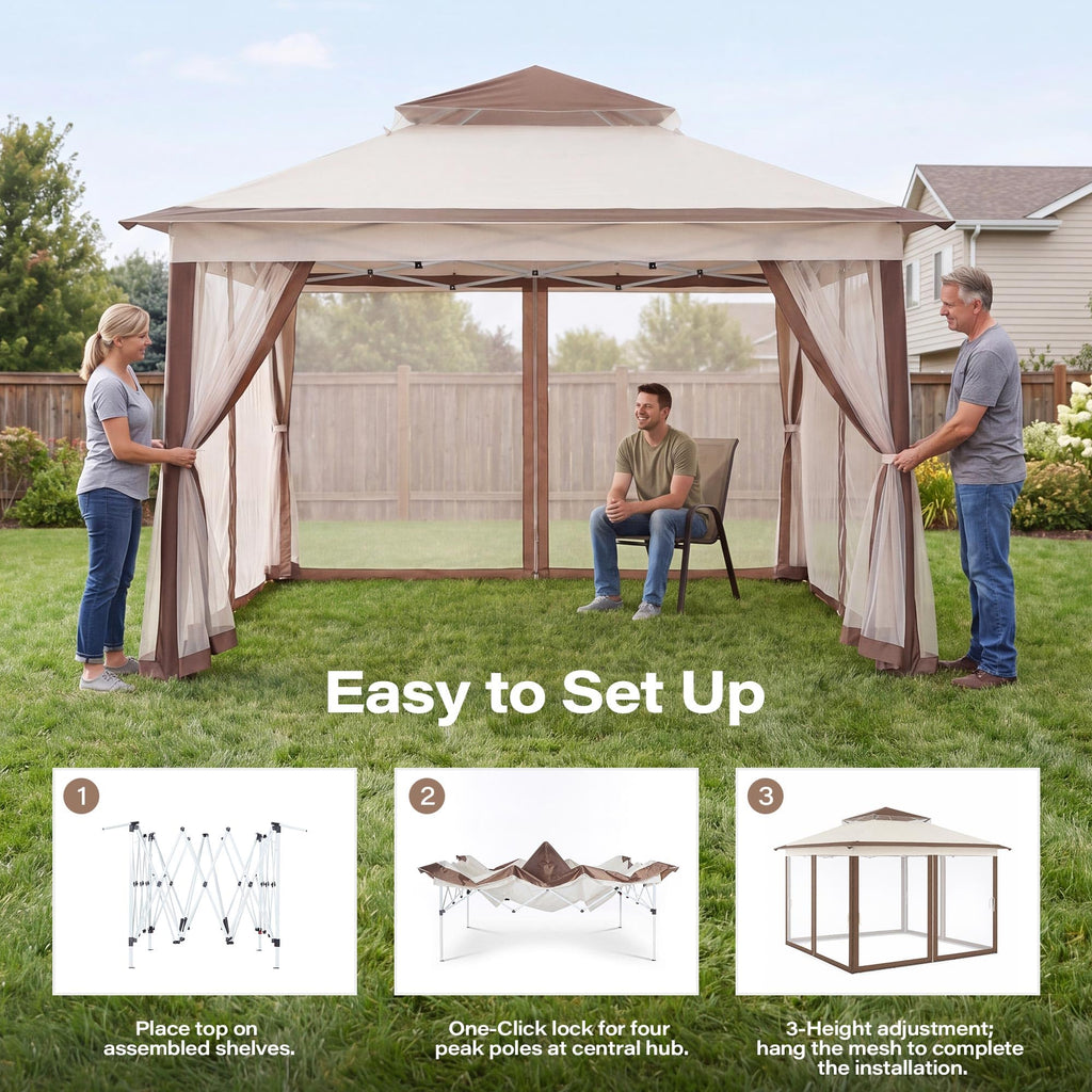 12x12 Pop Up Gazebo Canopy Tent with Mosquito Netting, Khaki U72393