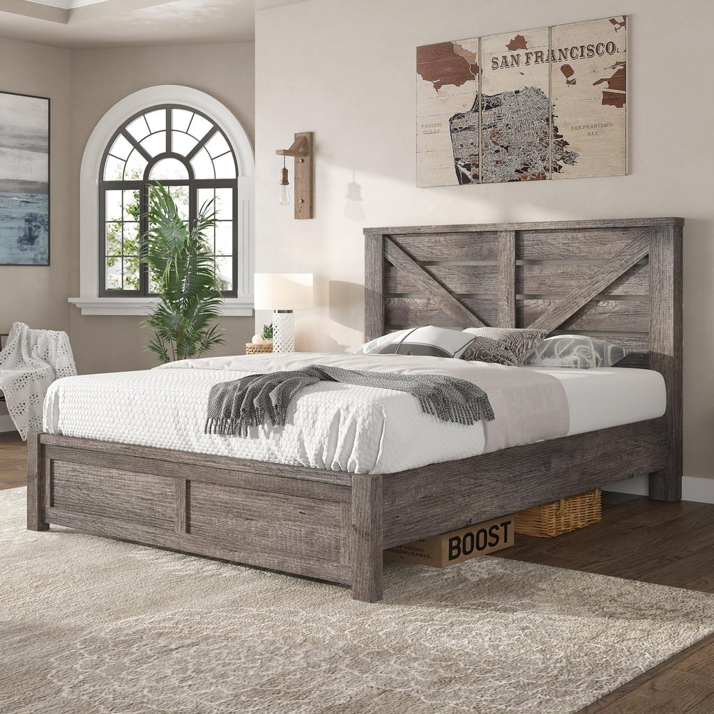 Gray Full Size Bed Frame with Barn Door Headboard U228