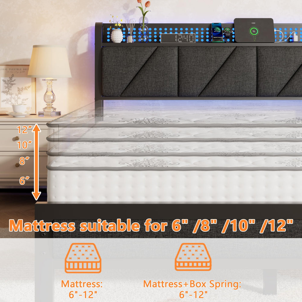 Full Size Bed Frame with Storage Shelf and Upholstered Headboard V111