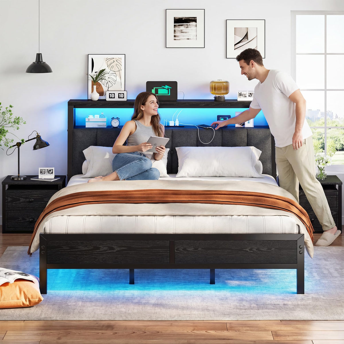 King Bed Frame with Charging Station Black E4727