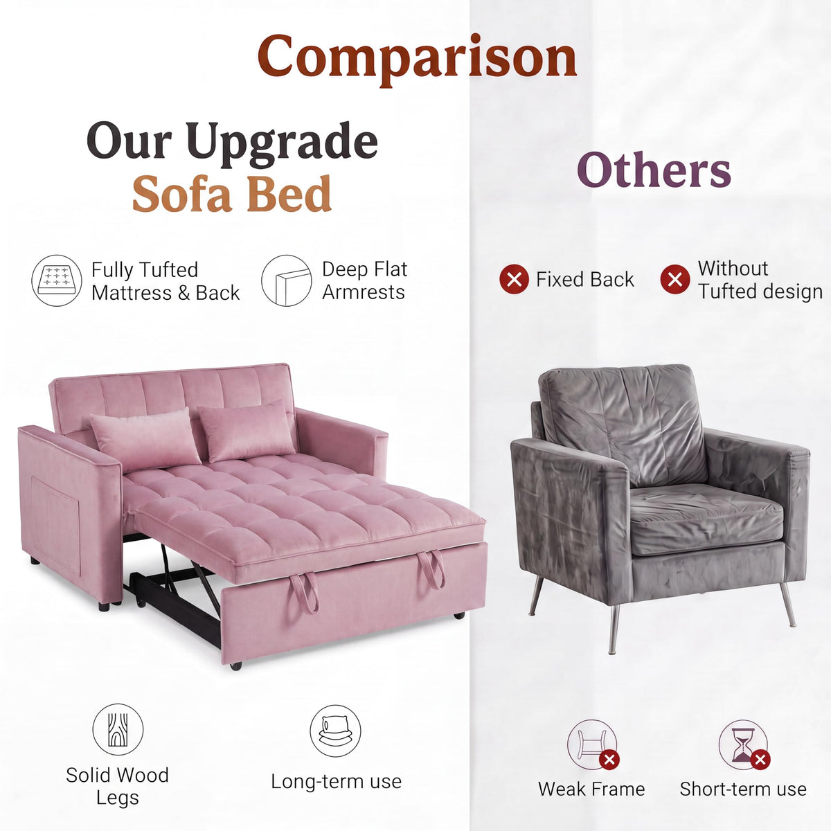 Pink Velvet Convertible Sleeper Sofa Bed Z4761