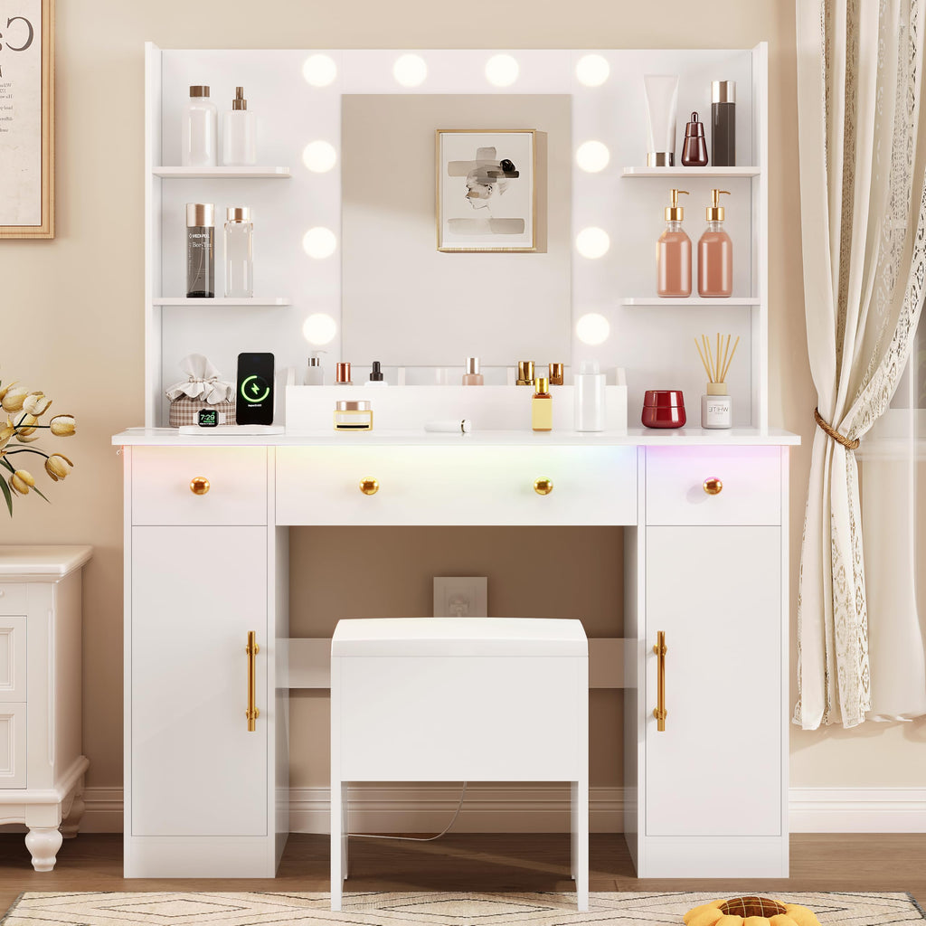 White Vanity Desk with Mirror and Lights, Charging Station, Stool, 3 Drawers and Cabinets J243