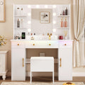 White Vanity Desk with Mirror and Lights, Charging Station, Stool, 3 Drawers and Cabinets J243