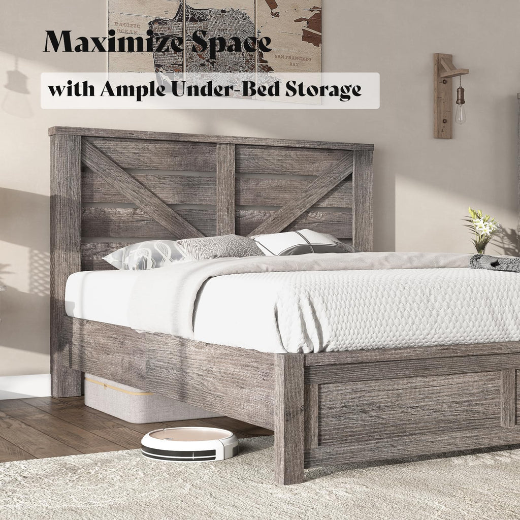 Gray Full Size Bed Frame with Barn Door Headboard U228