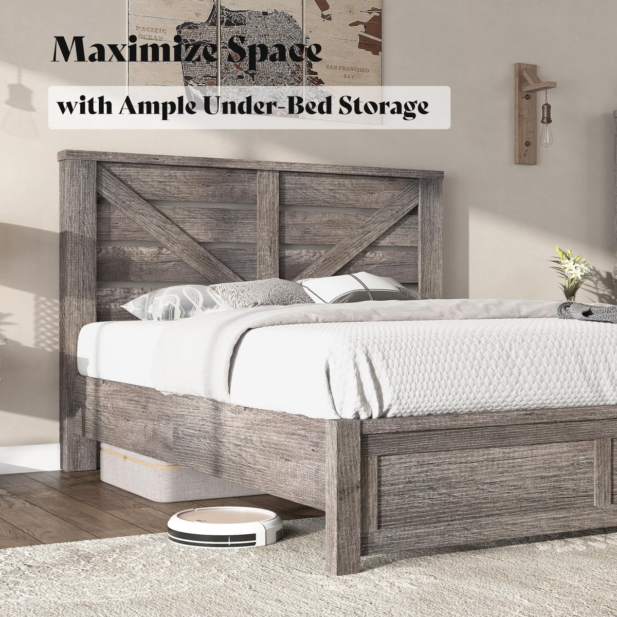 Gray Full Size Bed Frame with Barn Door Headboard U228