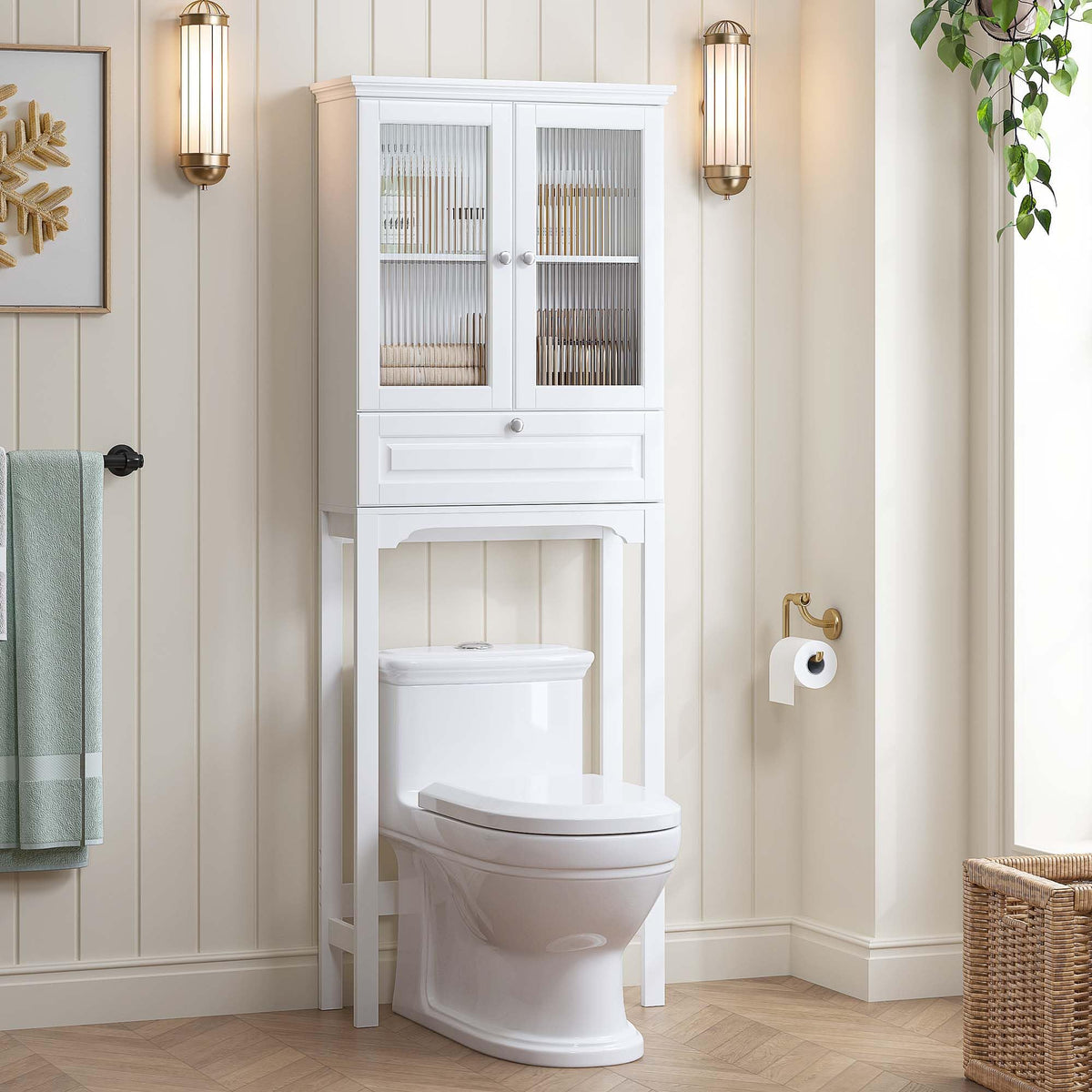 Over the Toilet Storage Cabinet with Glass Doors, White I1476