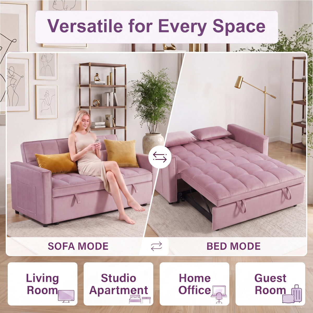 Pink Velvet Convertible Sleeper Sofa Bed Z4761