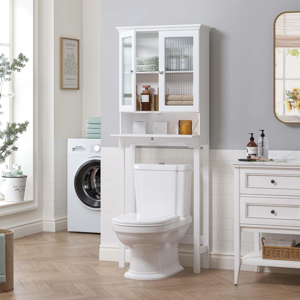 Over the Toilet Storage Cabinet with Glass Doors, White I1476