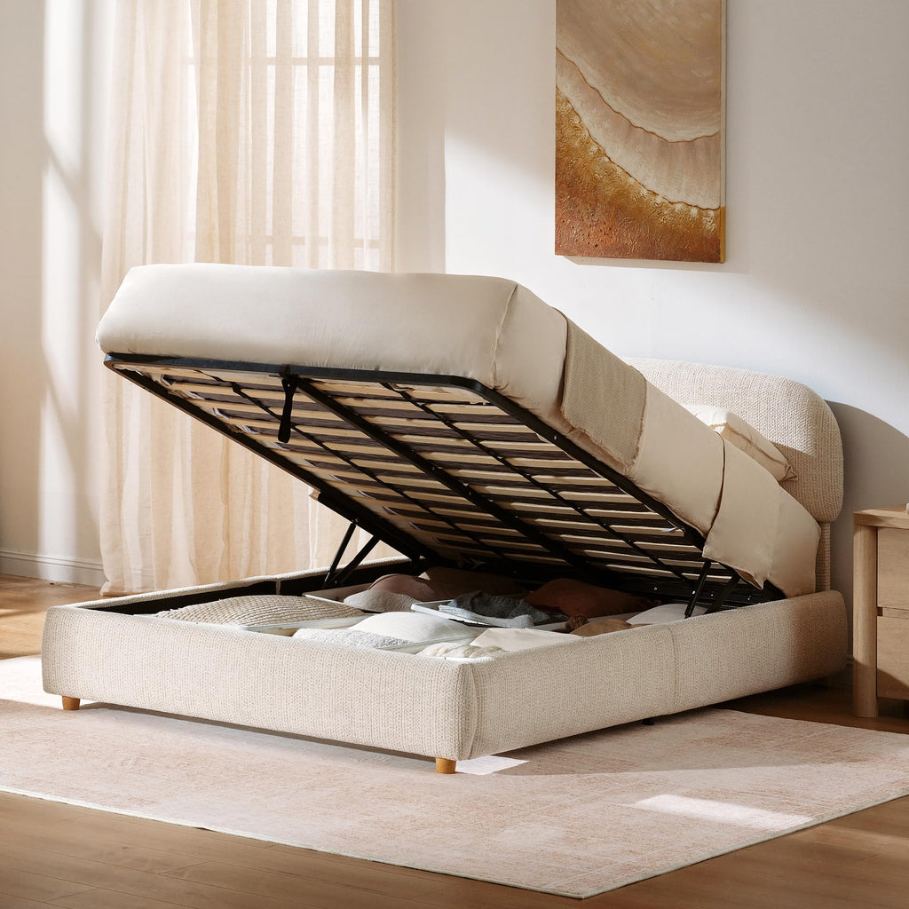 Queen Lift Up Storage Bed Frame with Adjustable Headboard, Beige J6225
