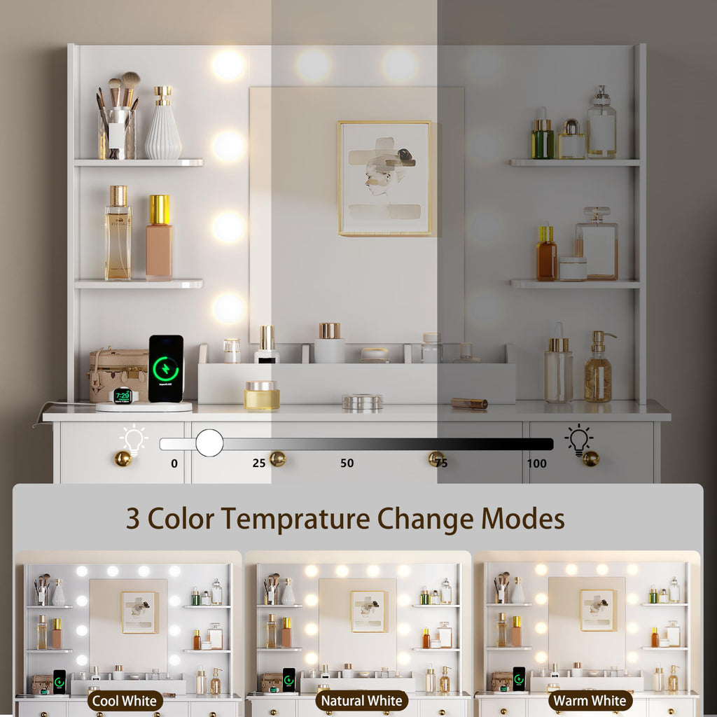 White Vanity Desk with Mirror and Lights, Charging Station, Stool, 3 Drawers and Cabinets J243