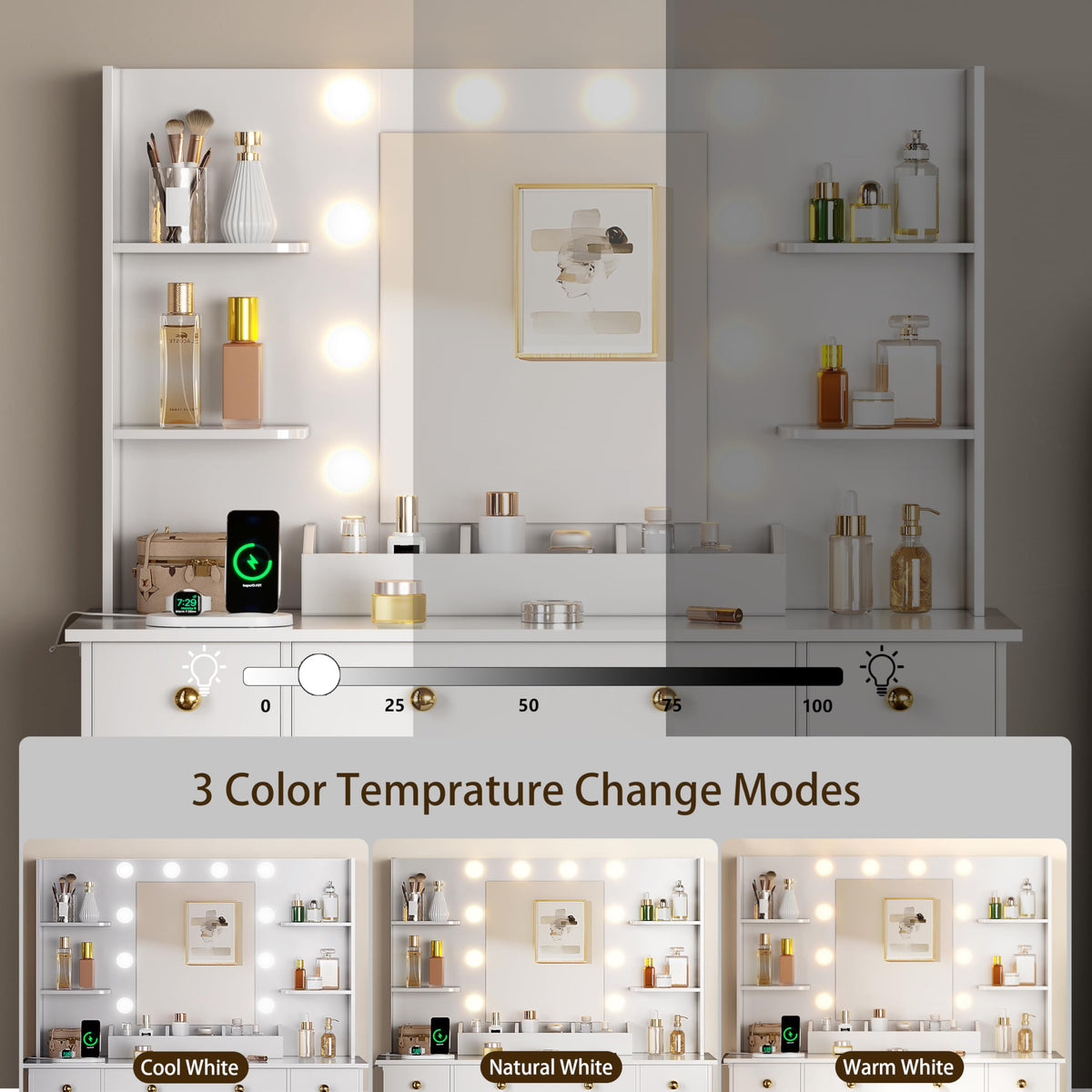 White Vanity Desk with Mirror and Lights, Charging Station, Stool, 3 Drawers and Cabinets J243