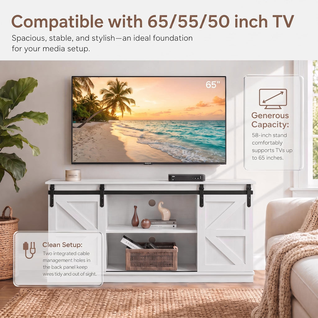 White 58'' TV Stand with Sliding Barn Doors M2963