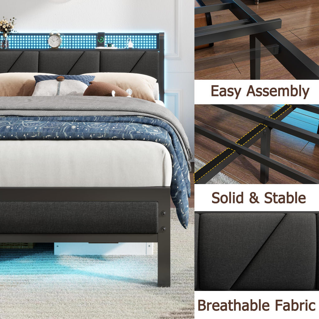 Full Size Bed Frame with Storage Shelf and Upholstered Headboard V111