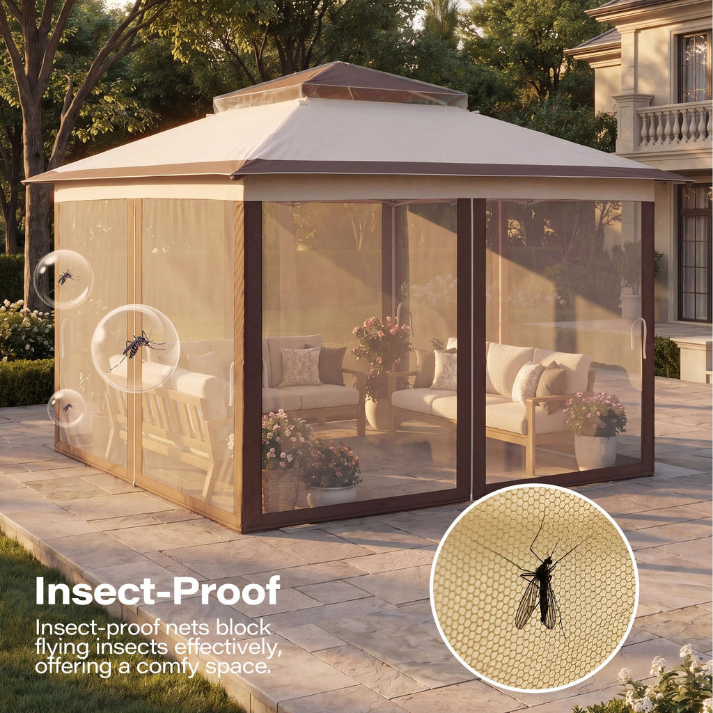 12x12 Pop Up Gazebo Canopy Tent with Mosquito Netting, Khaki U72393