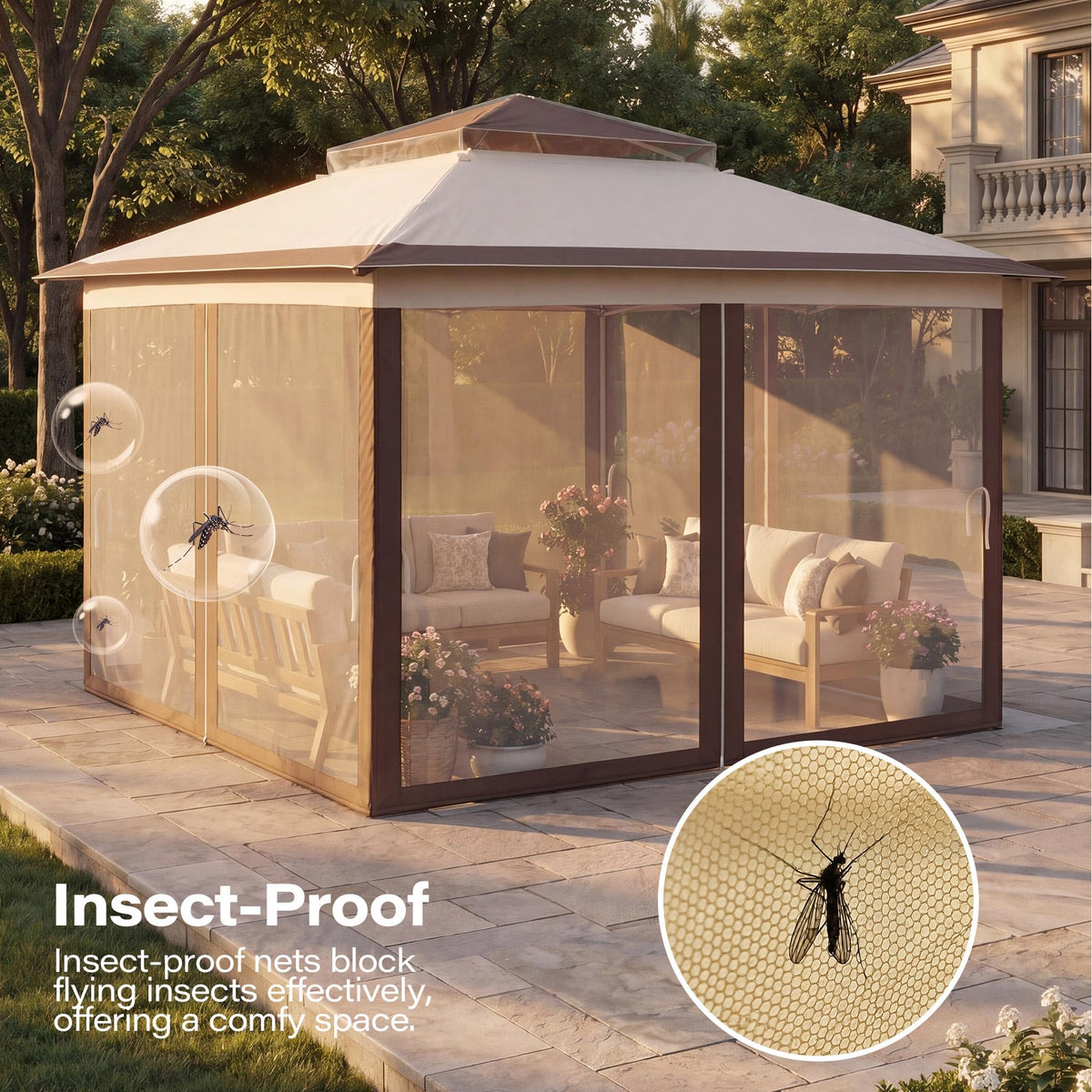 12x12 Pop Up Gazebo Canopy Tent with Mosquito Netting, Khaki U72393