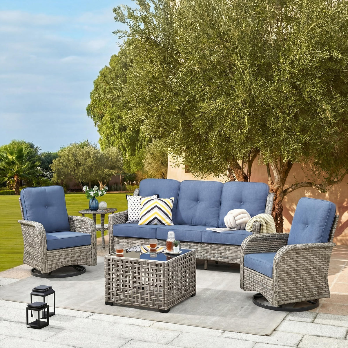 All Weather Wicker 5 PCS Outdoor Sofa Set with Swivel Rocker Chairs U46065