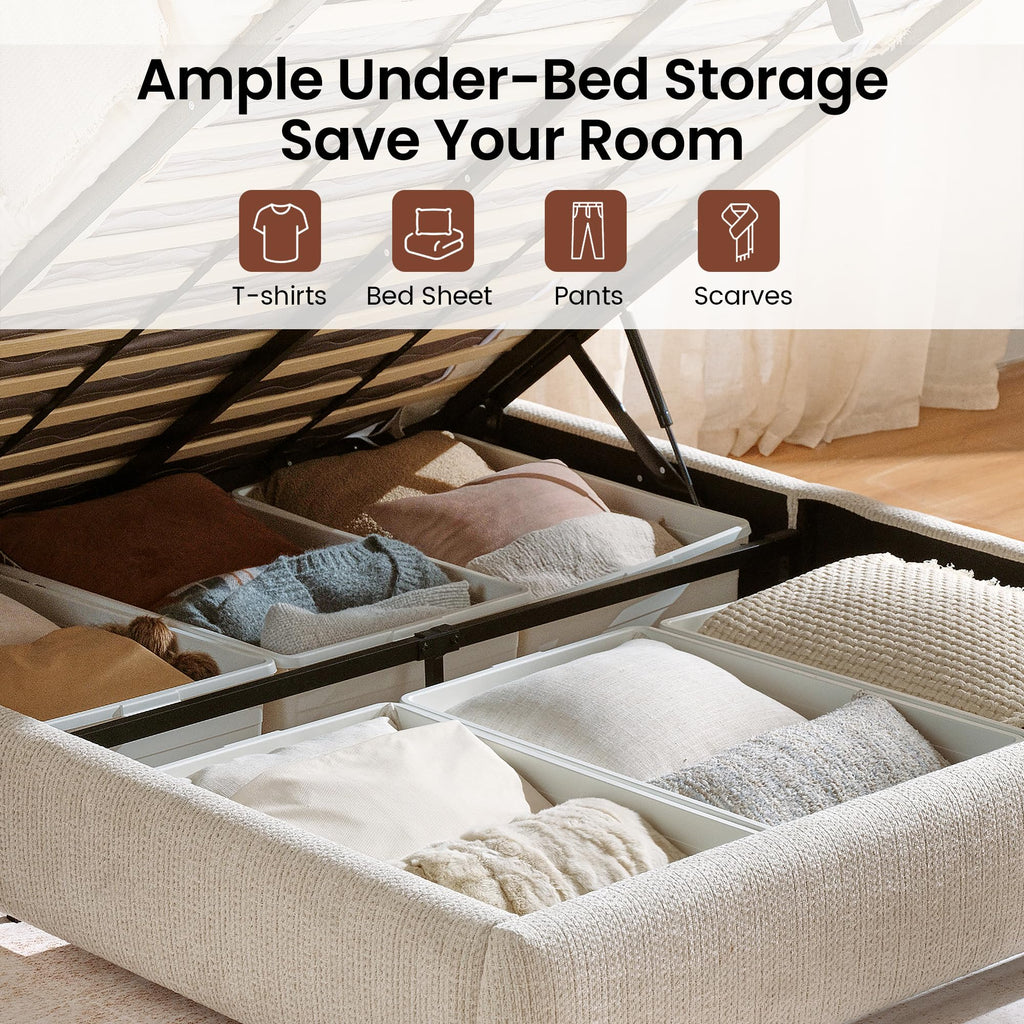Queen Lift Up Storage Bed Frame with Adjustable Headboard, Beige J6225