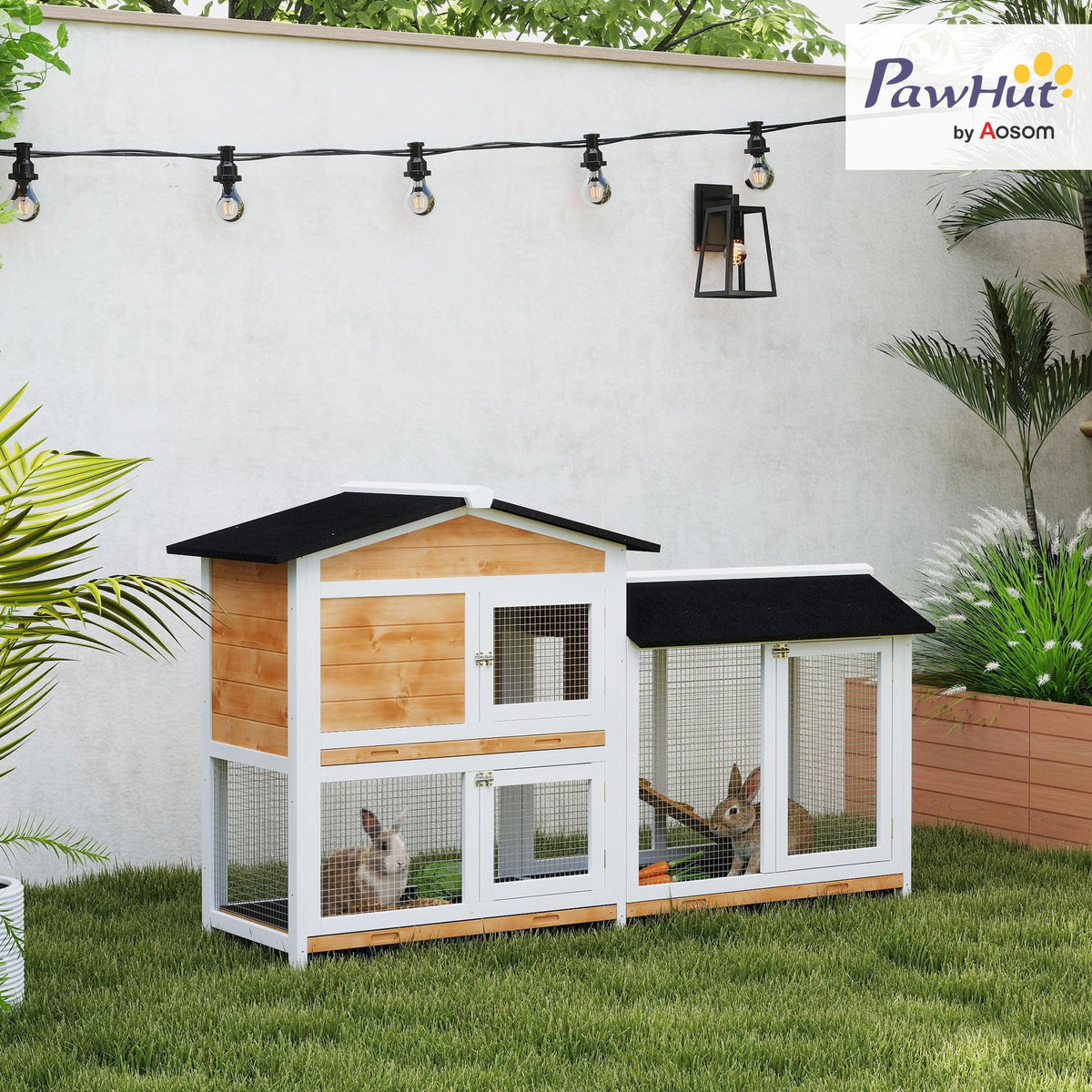 62" Wooden Small Animal Hutch with Run Area S565