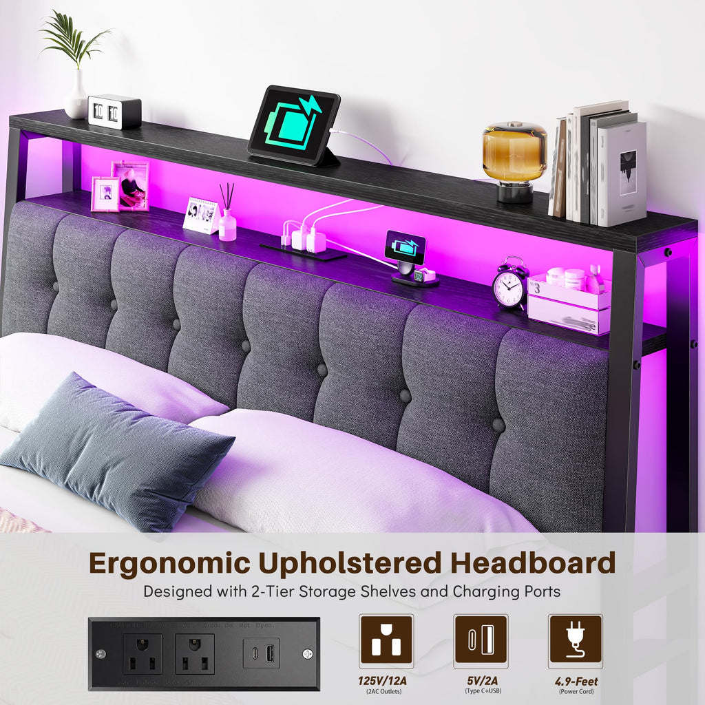 King Bed Frame with Charging Station Black E4727